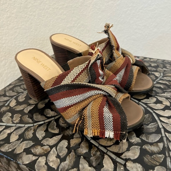 Bohemian woven fabric slides heels open toe mule Nine West Boho Earthy - Picture 2 of 7
